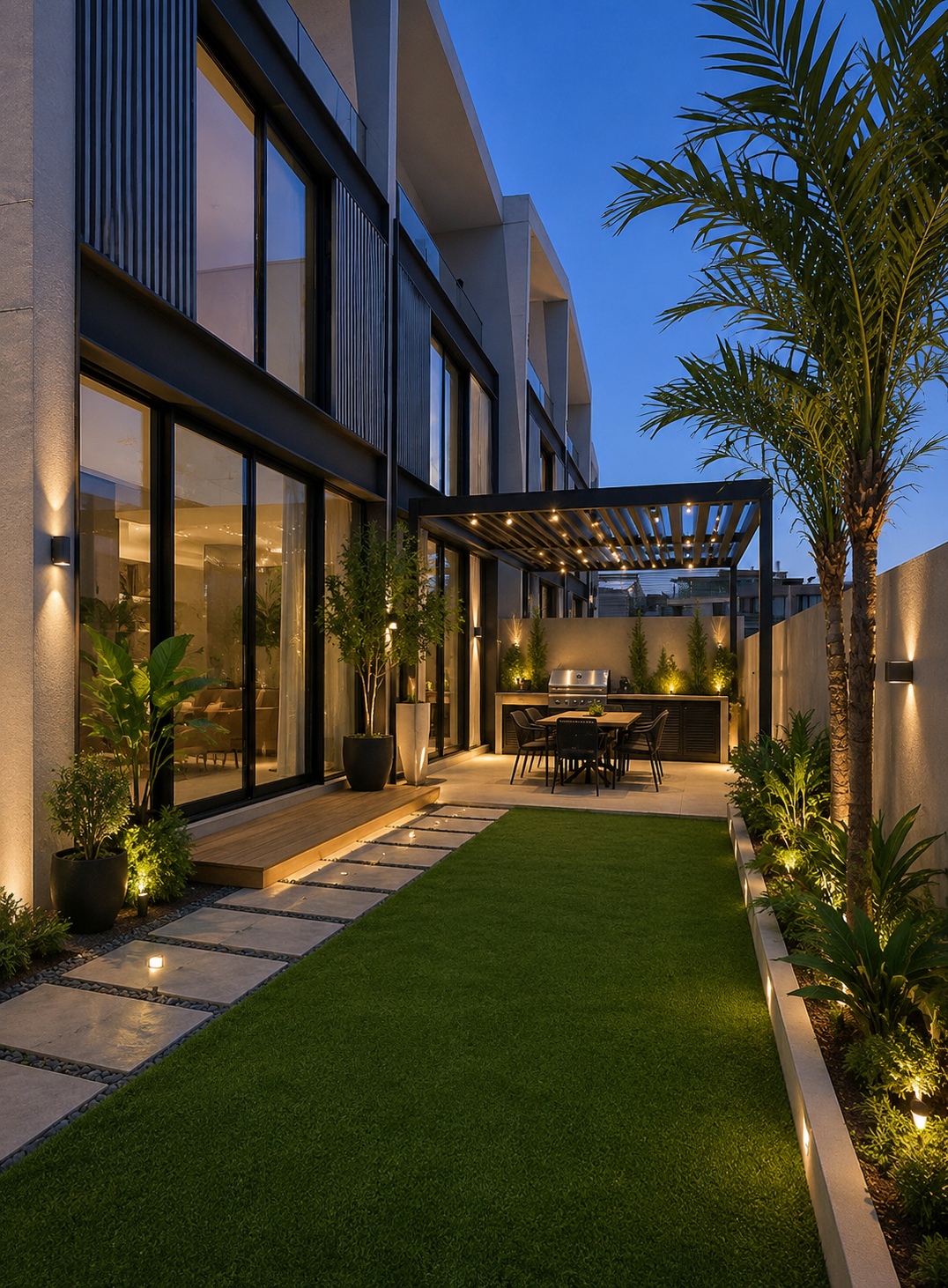 Illuminated side garden at dusk — District One townhouse