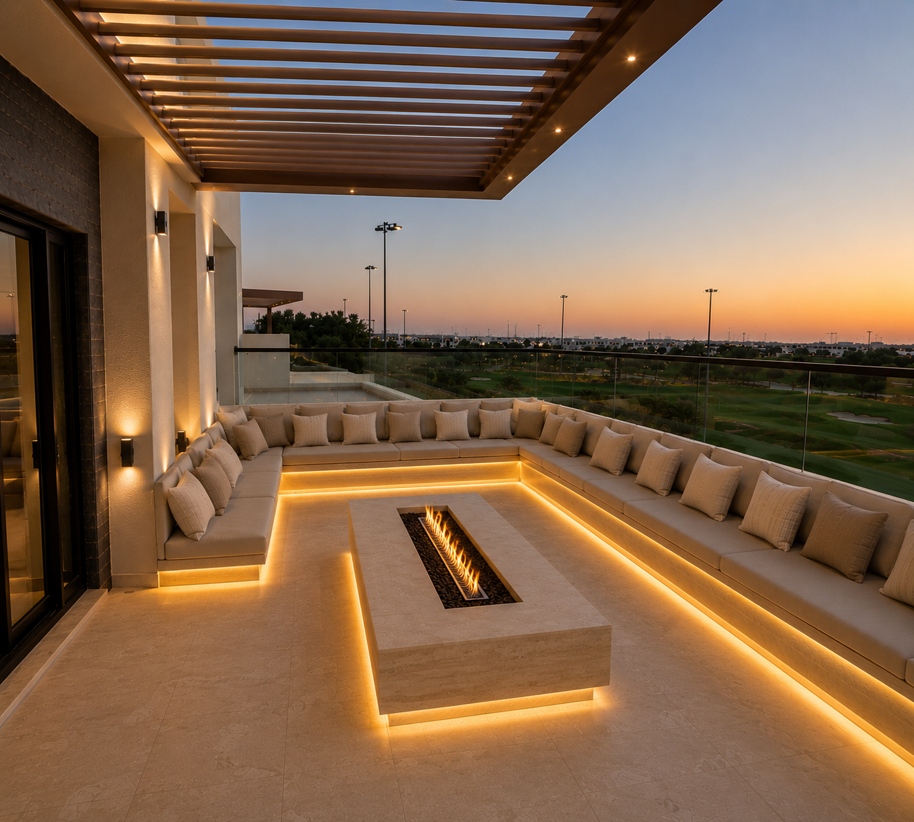 Evening firepit lounge on a Dubai terrace with lighting and seating by Blue Iconic