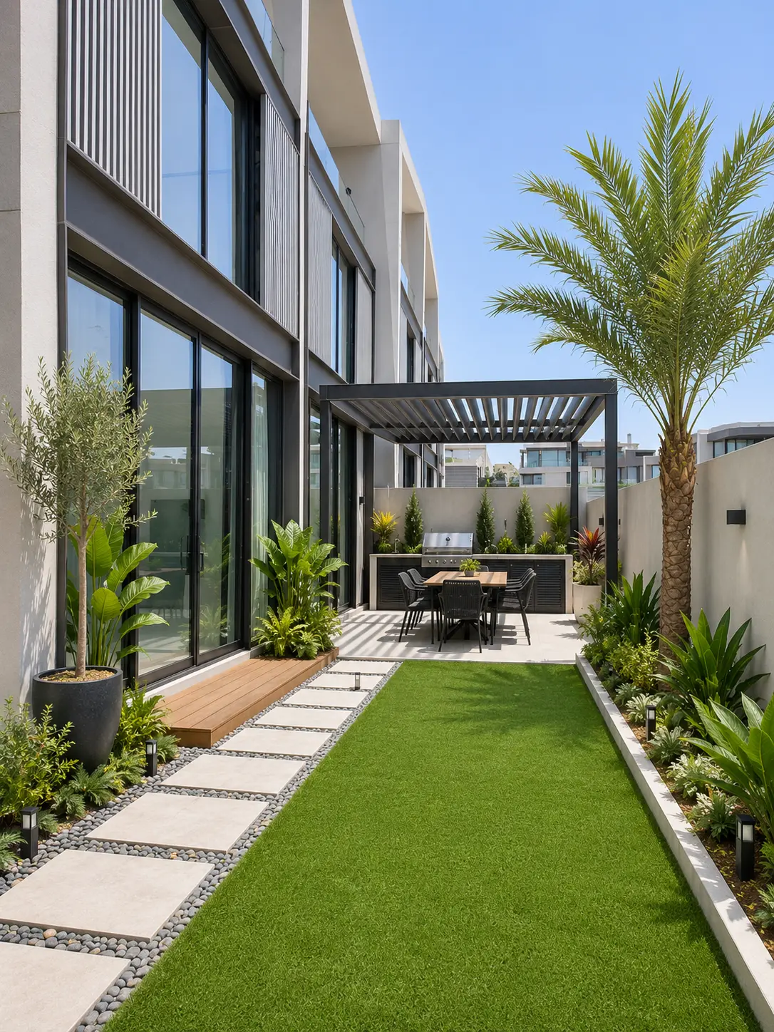 Villa side garden in Dubai with planting, lawn and walkway kept under regular maintenance