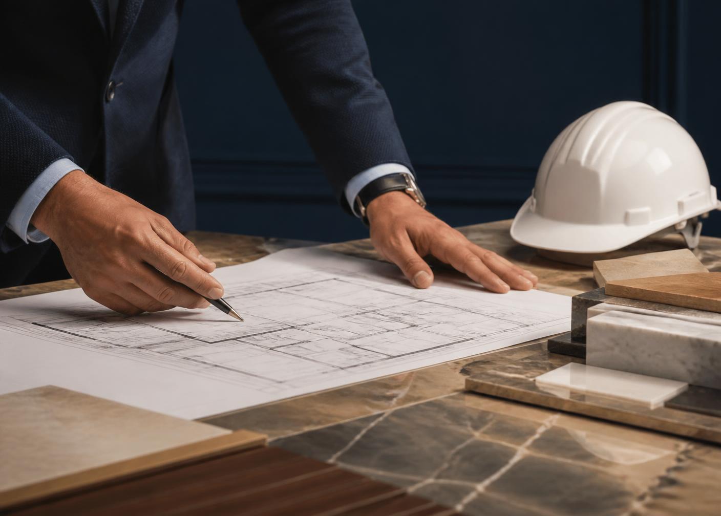 Blue Iconic project manager reviewing technical drawings and material samples