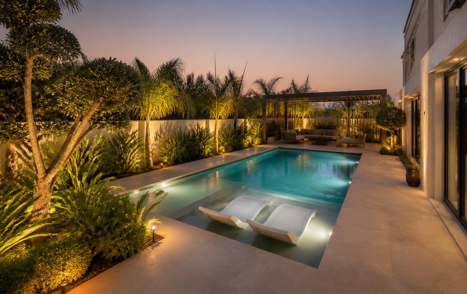 The same Dubai villa backyard after landscaping with pool, terrace and lighting