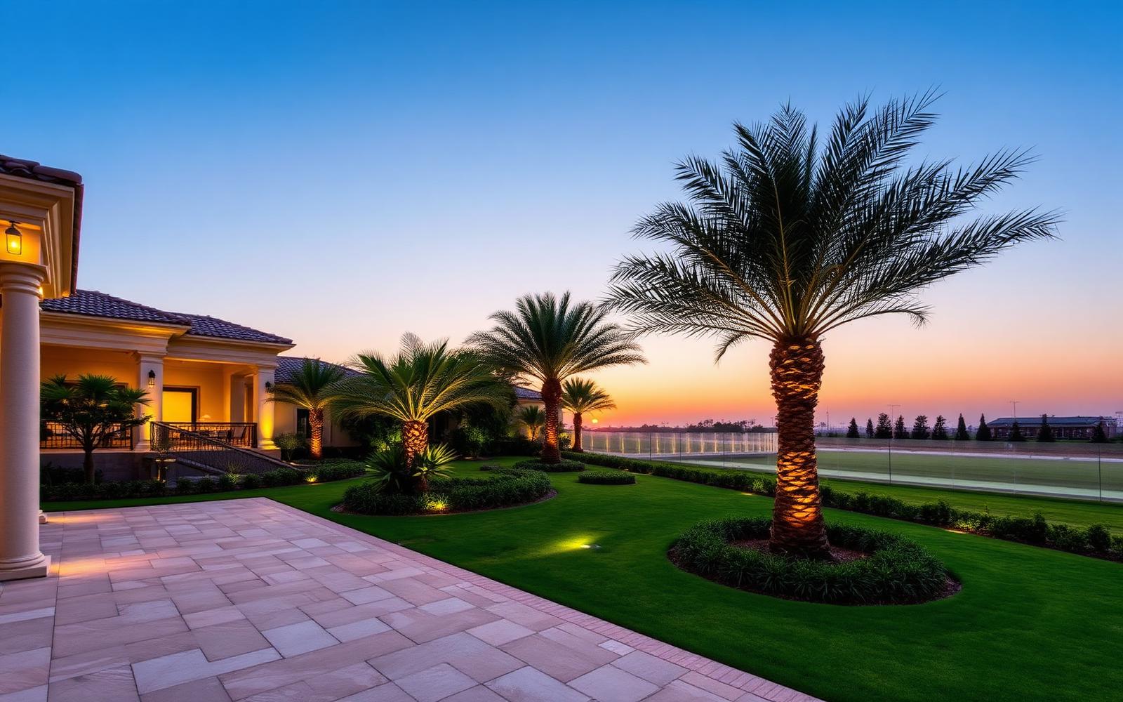 Landscaped luxury villa garden in Dubai at golden hour