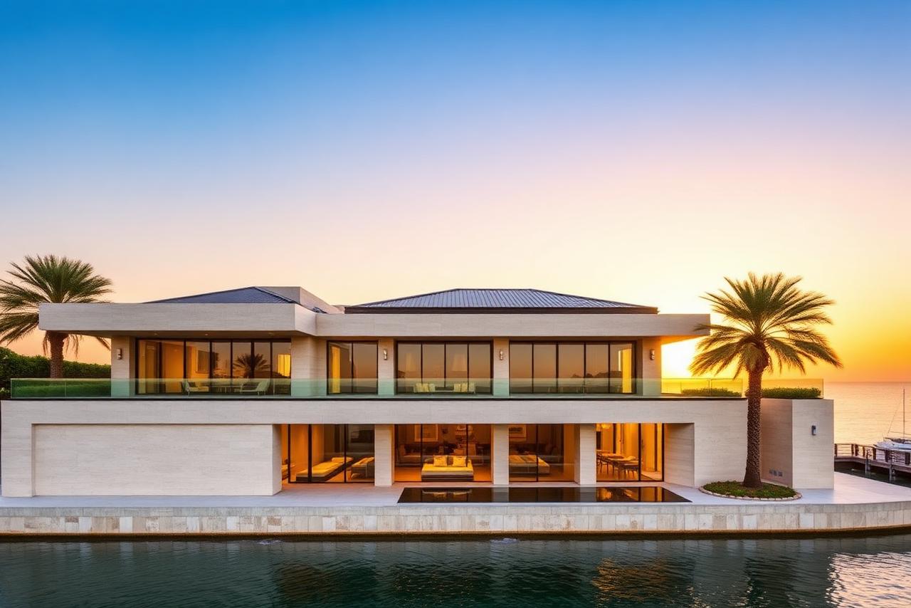 Renovated luxury waterfront villa on Palm Jumeirah at golden hour
