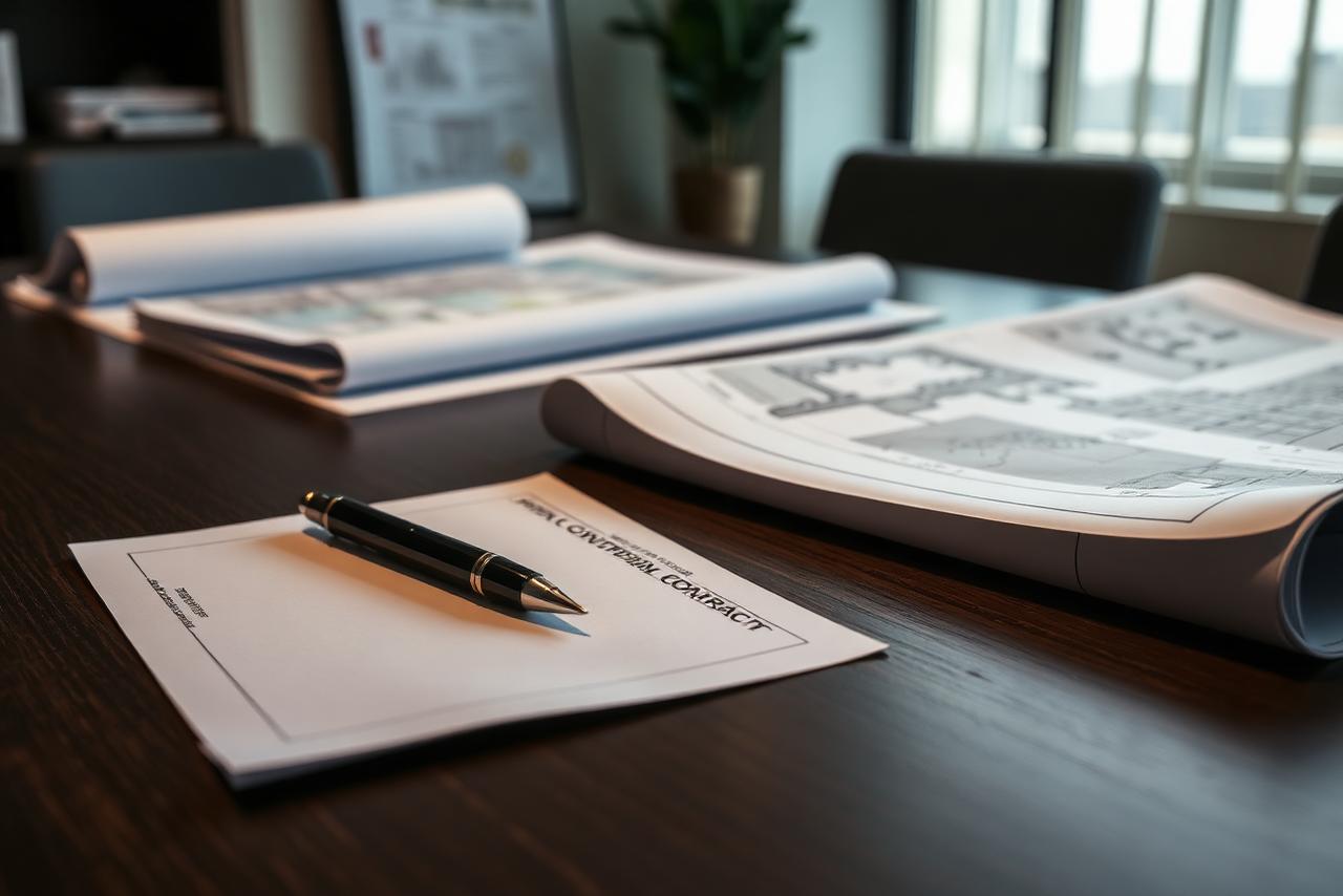 Renovation contract and architectural drawings on a desk in a Dubai contractor office