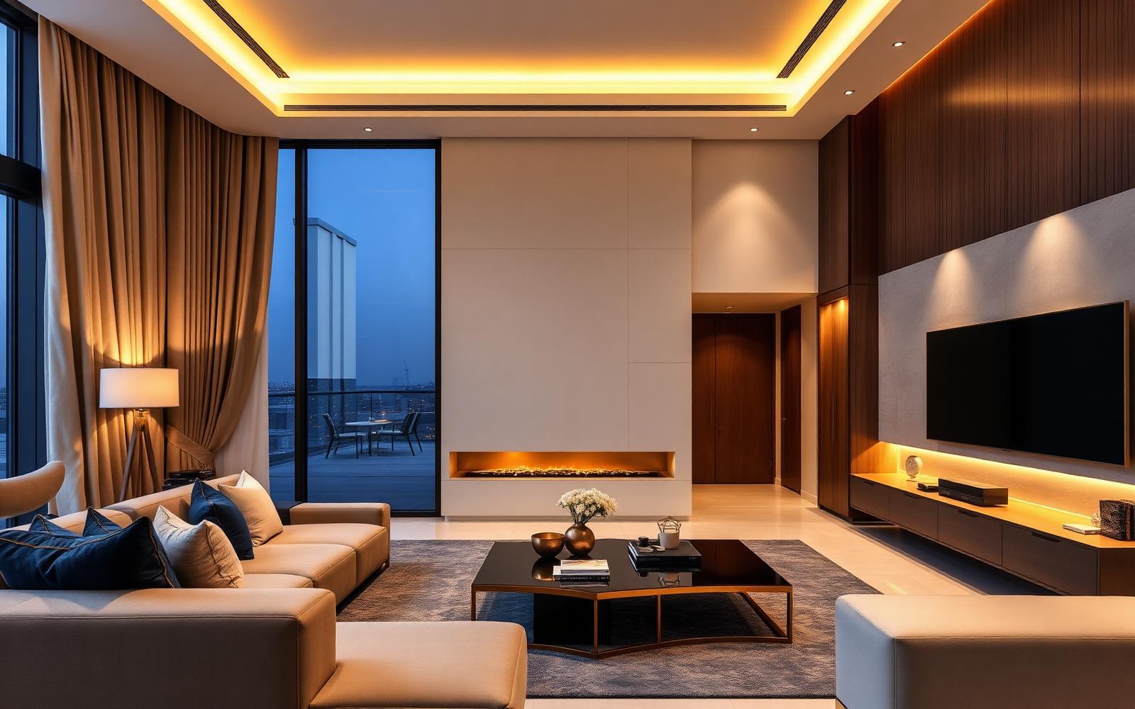 Smart home control panel in a luxury Dubai villa living room at dusk