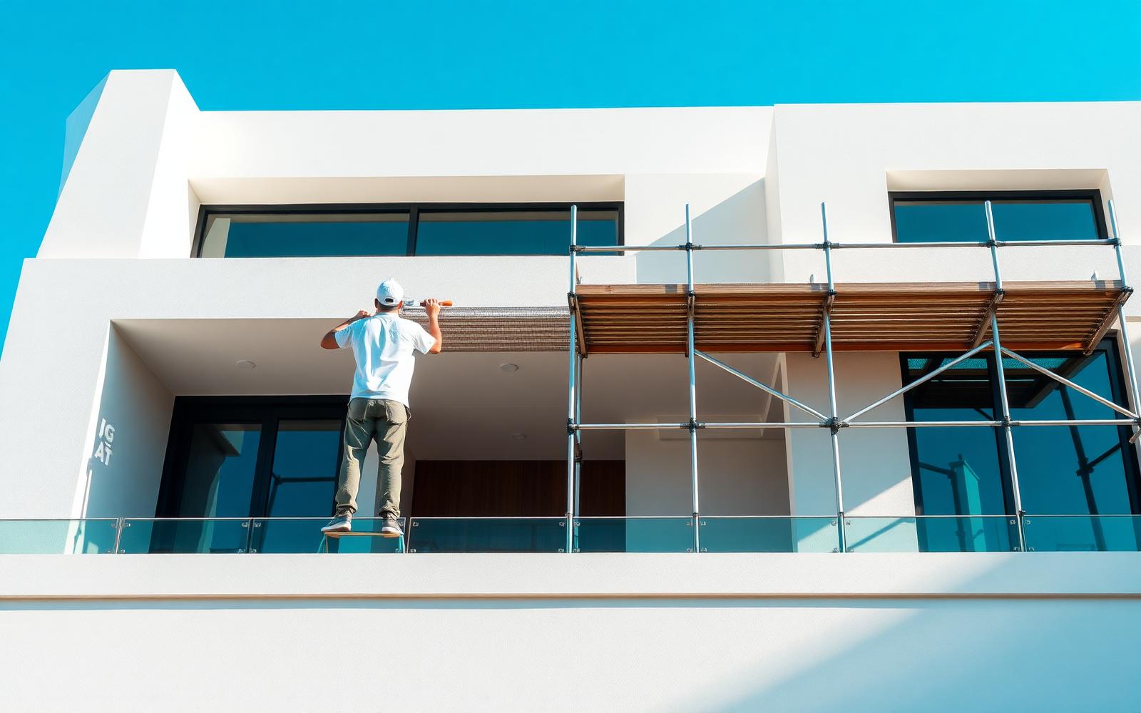Painter applying exterior coating to a modern white villa facade in Dubai