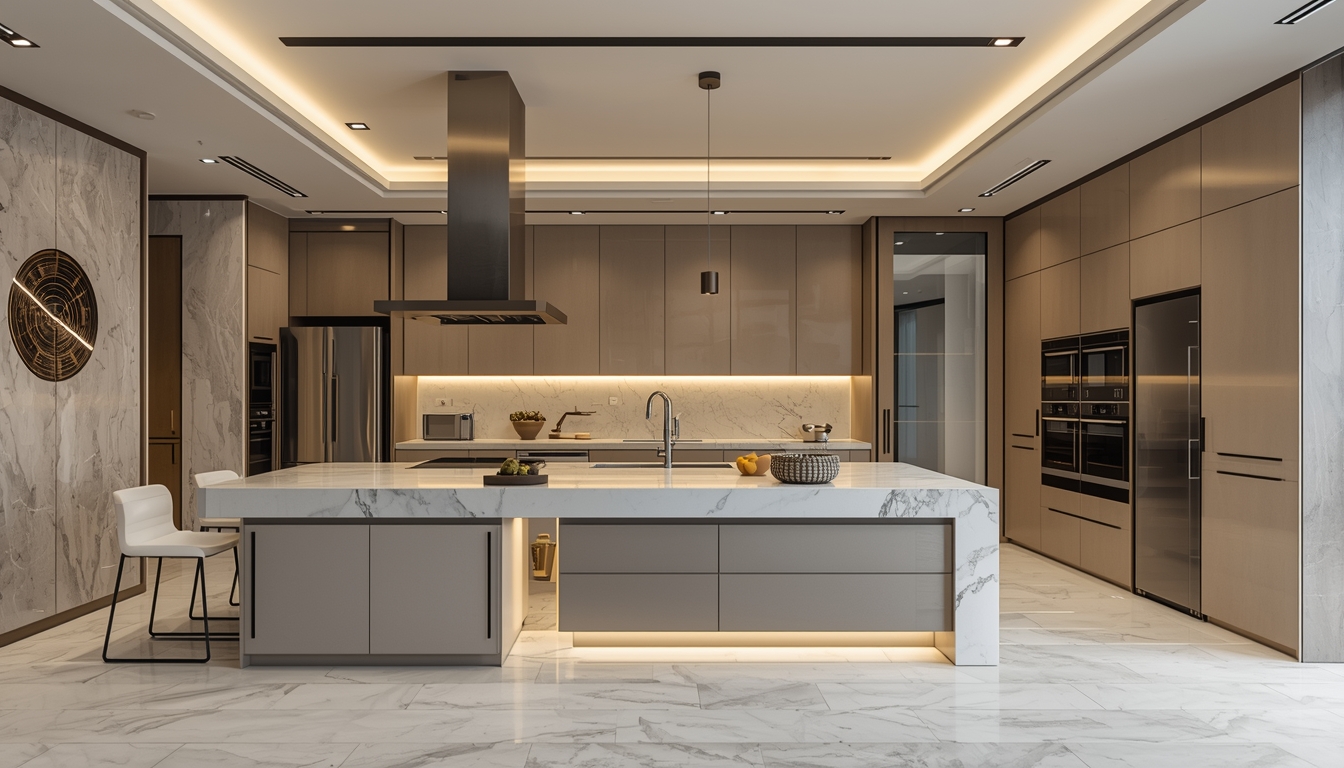 Modern luxury kitchen renovation in Dubai with marble countertops and custom cabinetry