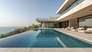 Luxury villa swimming pool construction in Dubai with modern infinity design